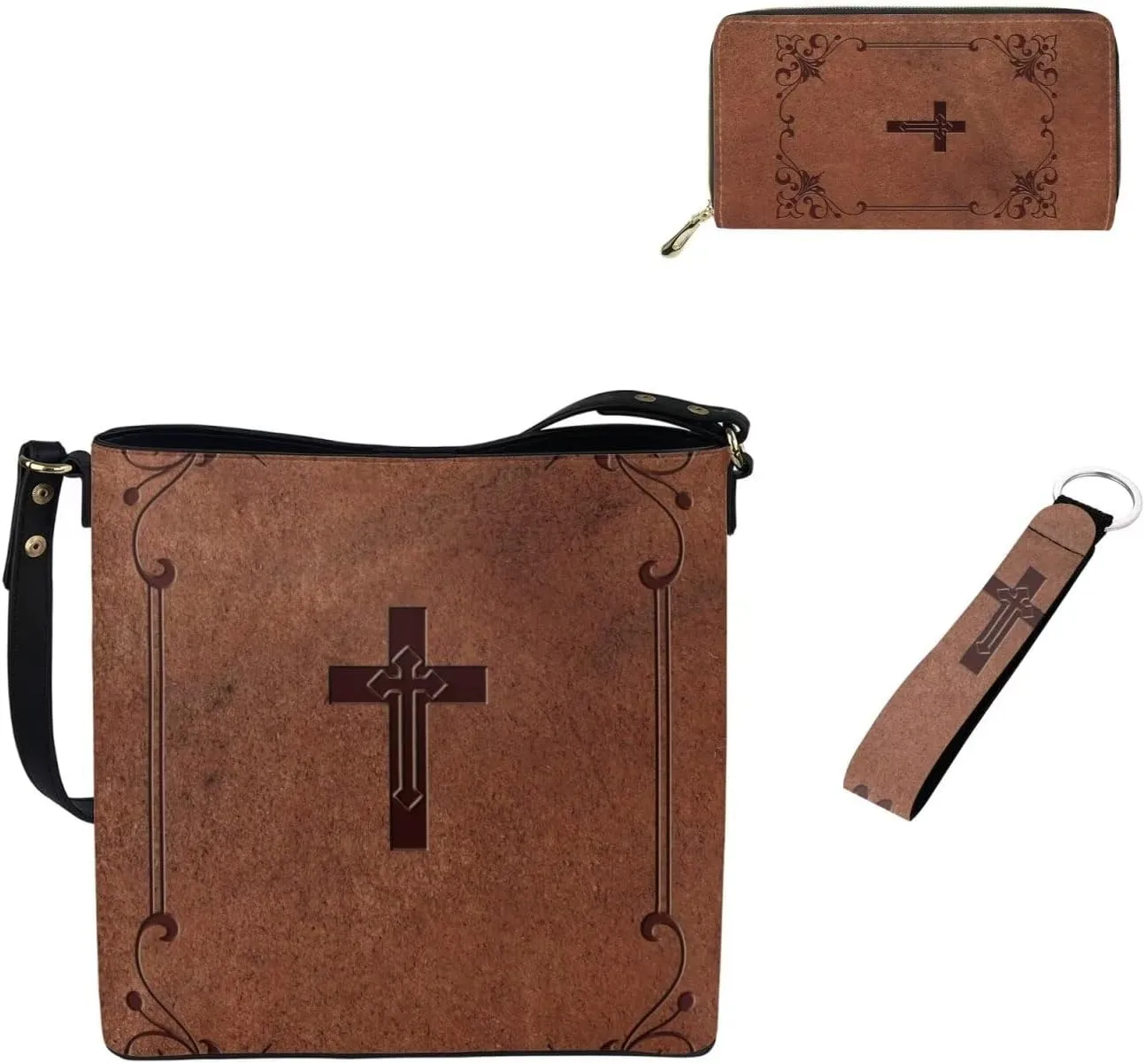 Leather Bucket Bags for Women Messenger Bag Matching Wallet and Keychain Accsessory 3 Pcs