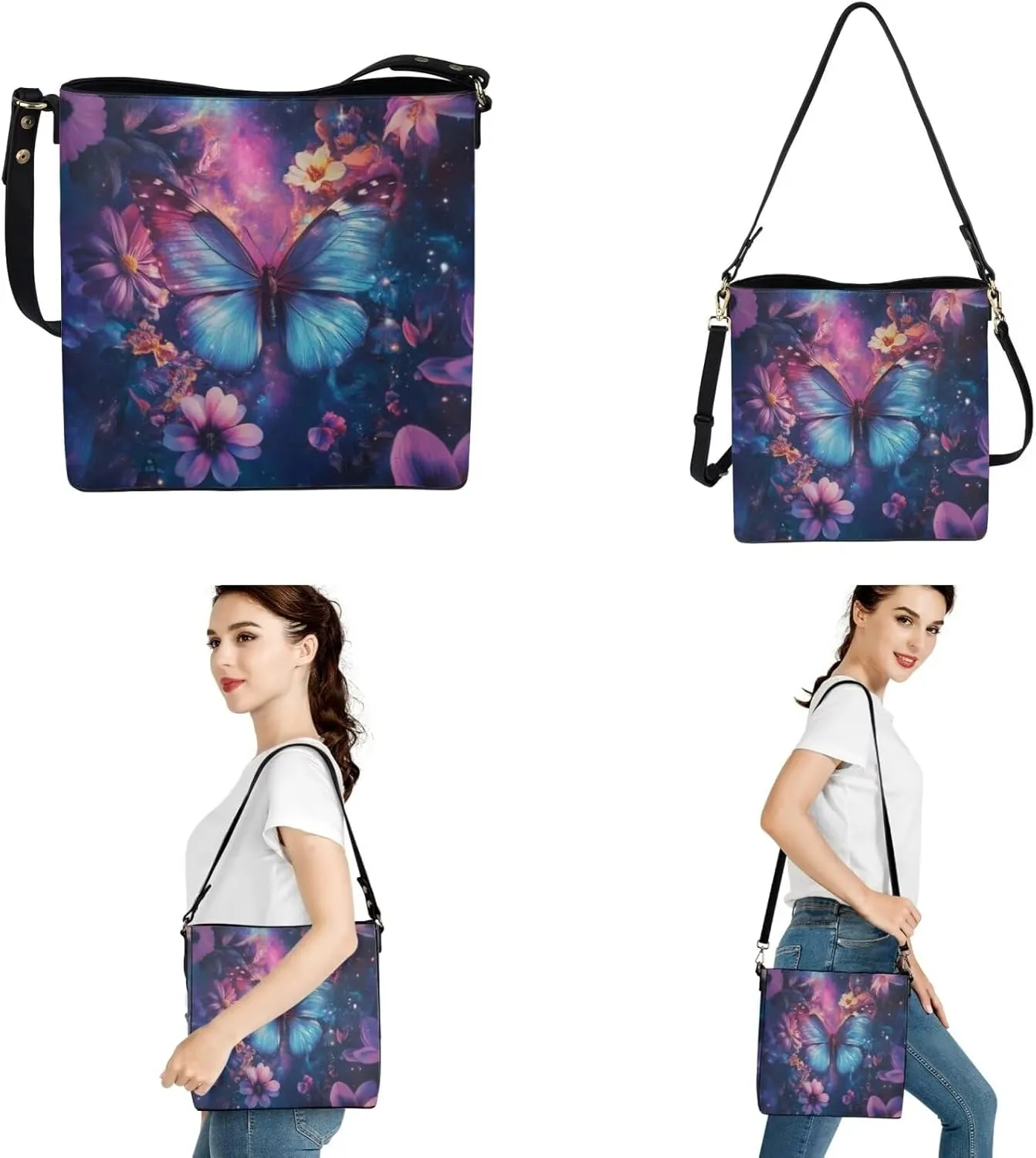 Leather Bucket Bags for Women Messenger Bag Matching Wallet and Keychain Accsessory 3 Pcs