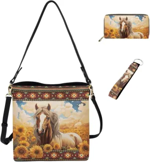 Leather Bucket Bags for Women Messenger Bag Matching Wallet and Keychain Accsessory 3 Pcs