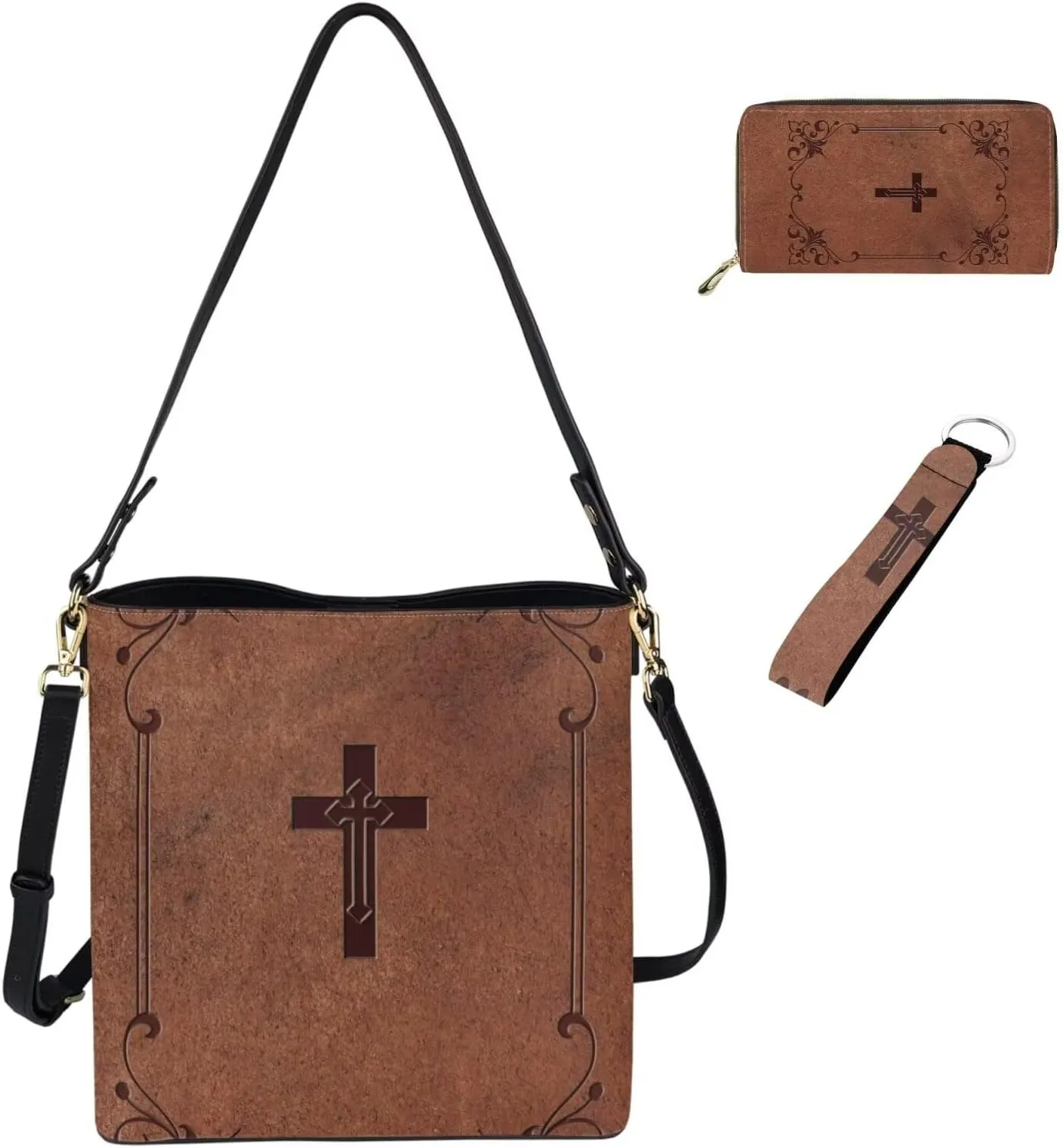 Leather Bucket Bags for Women Messenger Bag Matching Wallet and Keychain Accsessory 3 Pcs