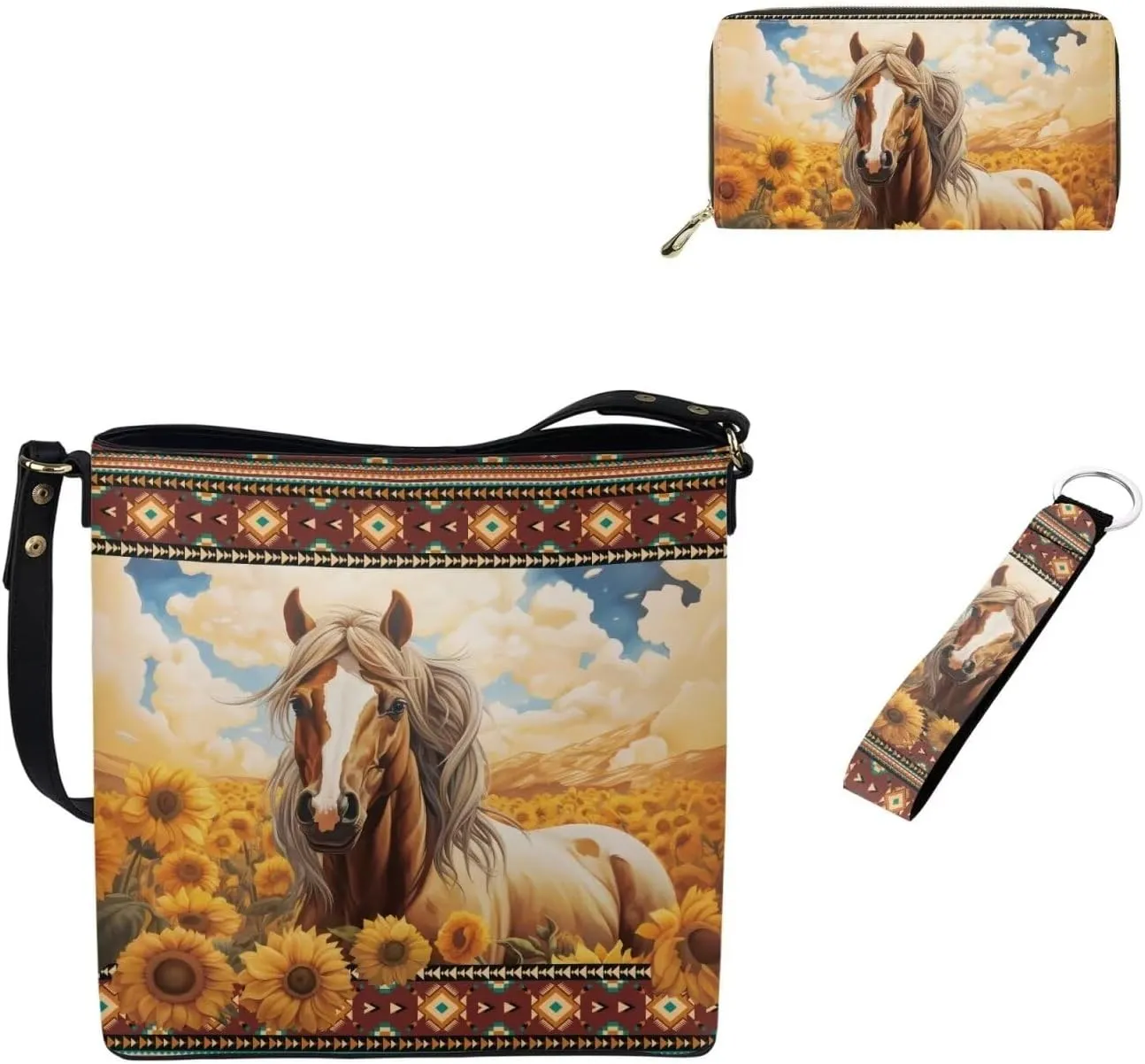 Leather Bucket Bags for Women Messenger Bag Matching Wallet and Keychain Accsessory 3 Pcs