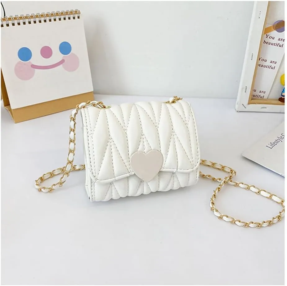 Little Girl Mini Shoulder Bag, Toddlers Girls' Kids Purse Crossbody Heart Purse for Kids Girls (PU-White)