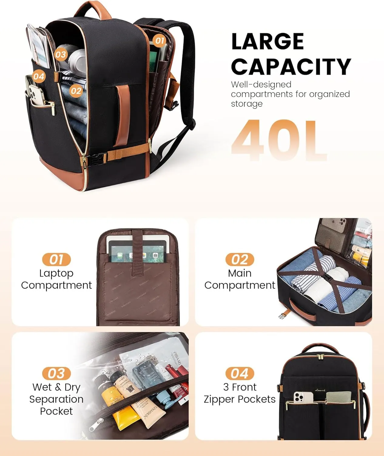 LOVEVOOK Carry On Backpack, 40L Travel Backpack Women with 3 Packing Cubes, TSA Airline Approved Suitcase Bag as Personal Item, Waterproof 17.3 inch Laptop Backpack for Weekender Overnight,Black-Brown