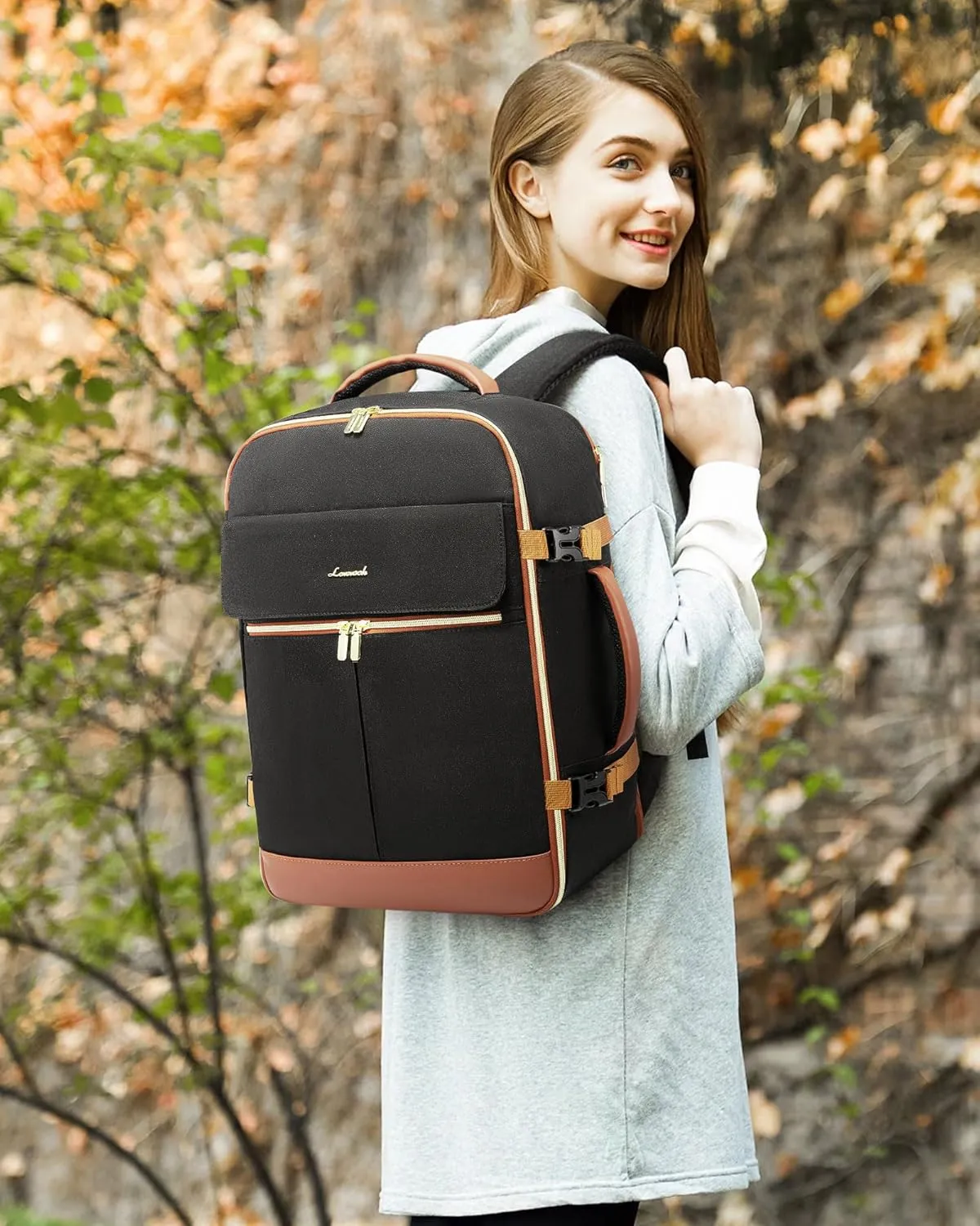 LOVEVOOK Carry On Backpack, 40L Travel Backpack Women with 3 Packing Cubes, TSA Airline Approved Suitcase Bag as Personal Item, Waterproof 17.3 inch Laptop Backpack for Weekender Overnight,Black-Brown