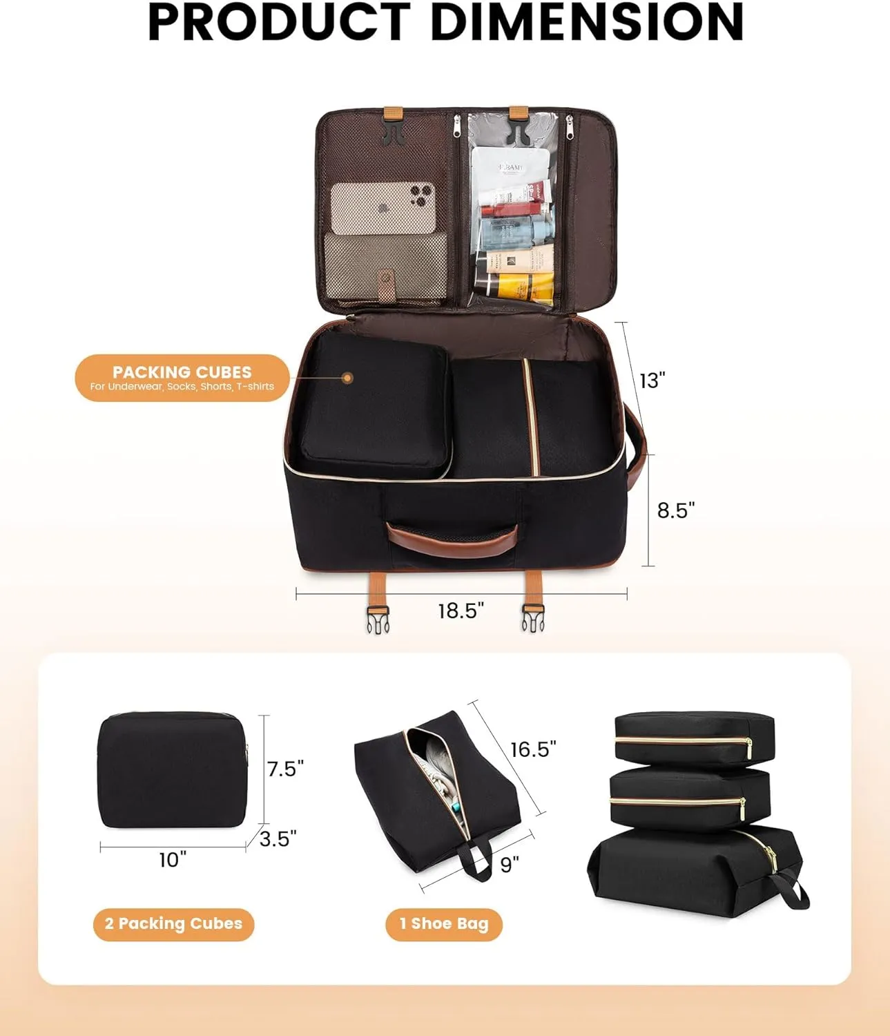 LOVEVOOK Carry On Backpack, 40L Travel Backpack Women with 3 Packing Cubes, TSA Airline Approved Suitcase Bag as Personal Item, Waterproof 17.3 inch Laptop Backpack for Weekender Overnight,Black-Brown