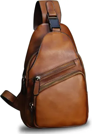 LRTO Genuine Leather Sling Bag Crossbody Purse Handmade Hiking Daypack Motorcycle Bag Retro Shoulder Backpack Vintage Chest Bag (Brown)