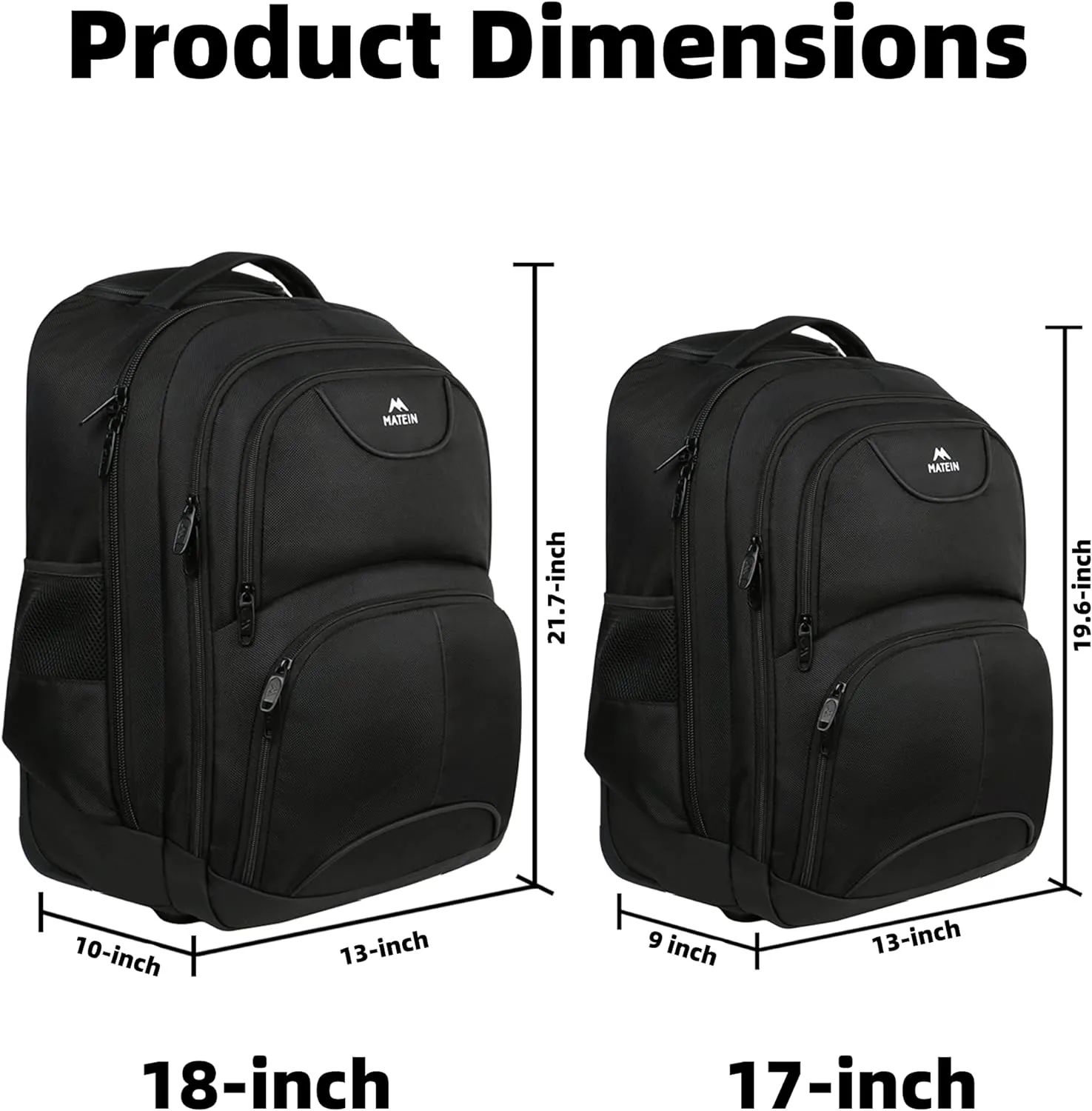 MATEIN Wheeled Backpack, 18 inch Laptop Backpack with Wheels for College, Rolling Travel Backpack, Carryon Trolley Luggage Suitcase Compact Business Computer Bag for Men Women, Black
