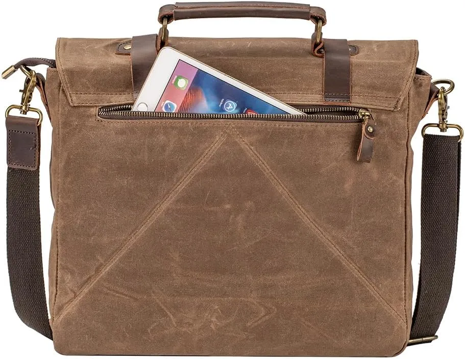 Men's Vintage Leather Messenger Bag 15.6 inch Laptop Briefcase, Waxed Canvas & Genuine Leather, Business Shoulder Satchel