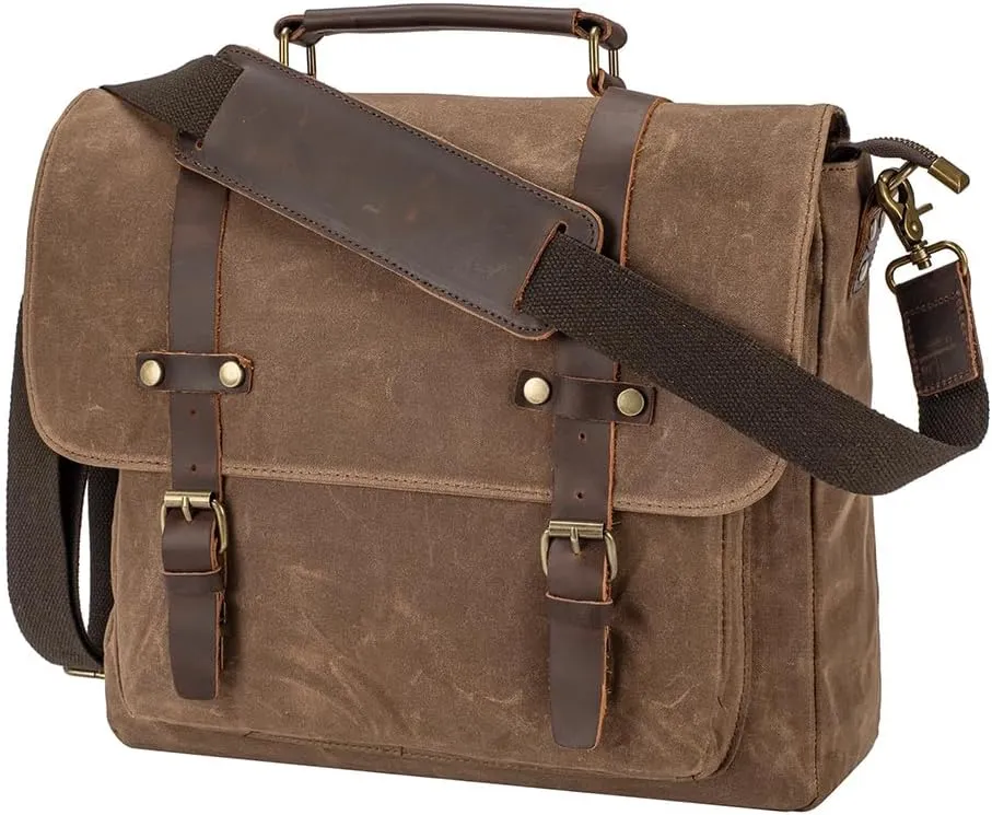 Men's Vintage Leather Messenger Bag 15.6 inch Laptop Briefcase, Waxed Canvas & Genuine Leather, Business Shoulder Satchel