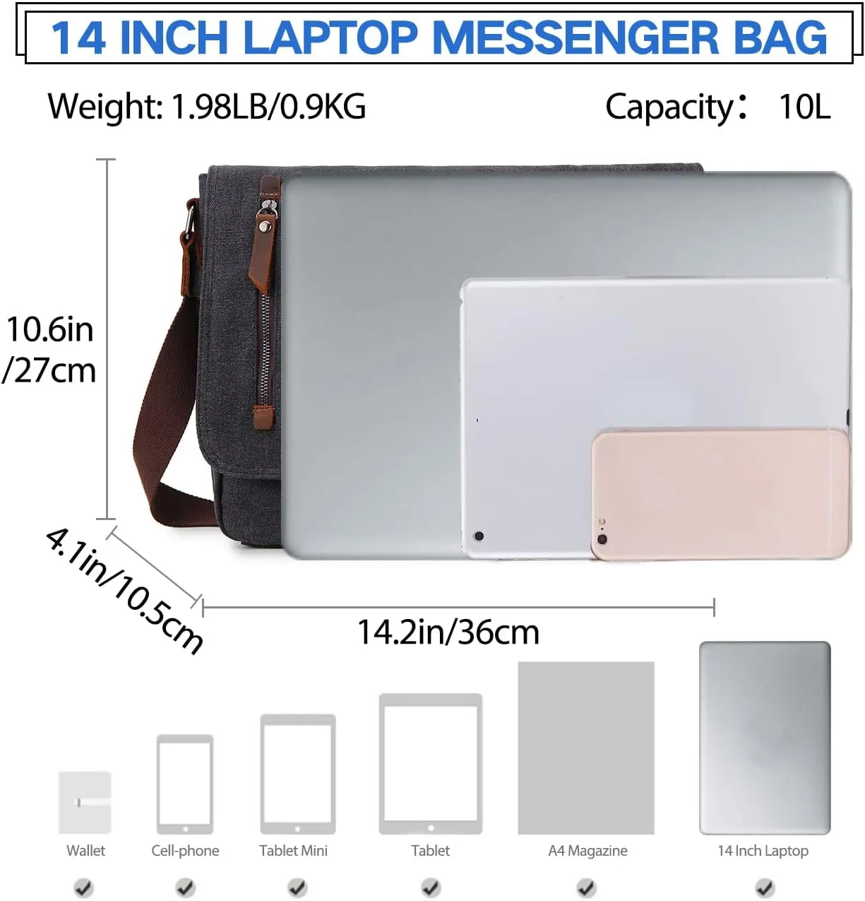 Messenger Bag for Men and Women, Canvas Leather 14 Inch Laptop Messenger Bag Shoulder Bag for Work VONXURY