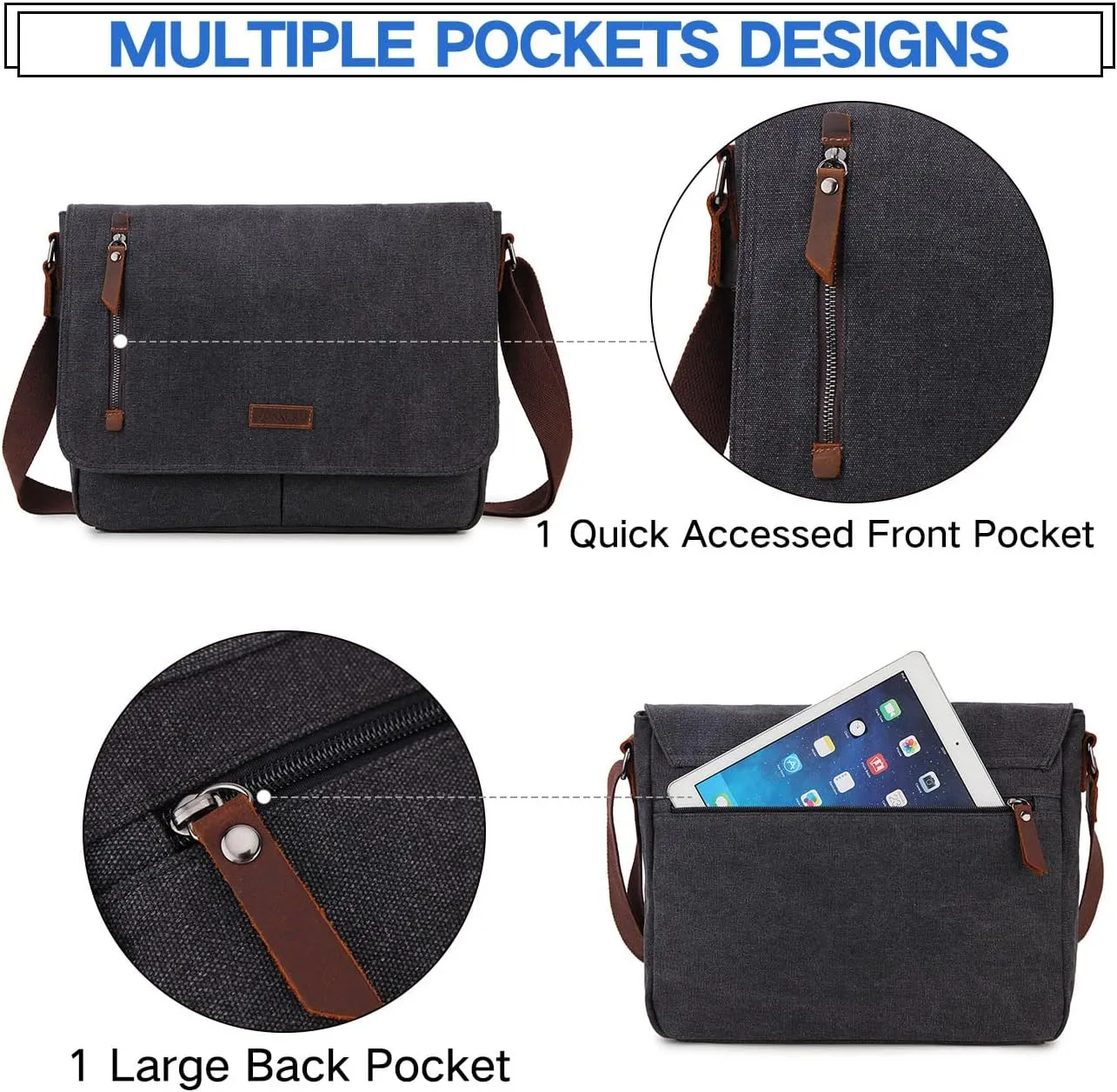 Messenger Bag for Men and Women, Canvas Leather 14 Inch Laptop Messenger Bag Shoulder Bag for Work VONXURY