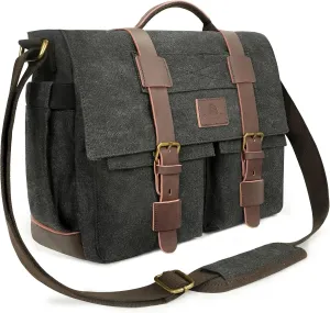 Messenger Bag for Men,13-14-15.6 Inch Laptop Bag, Vintage Abrasion-resistant Canvas Satchel Bag, Leather Briefcase for School Work Travel (Black)