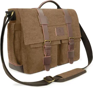 Messenger Bag for Men,15.6 Inch Laptop Bag, Vintage Water-resistant Waxed Canvas Satchel Bags, Leather Briefcase for School Work Travel (Brown)