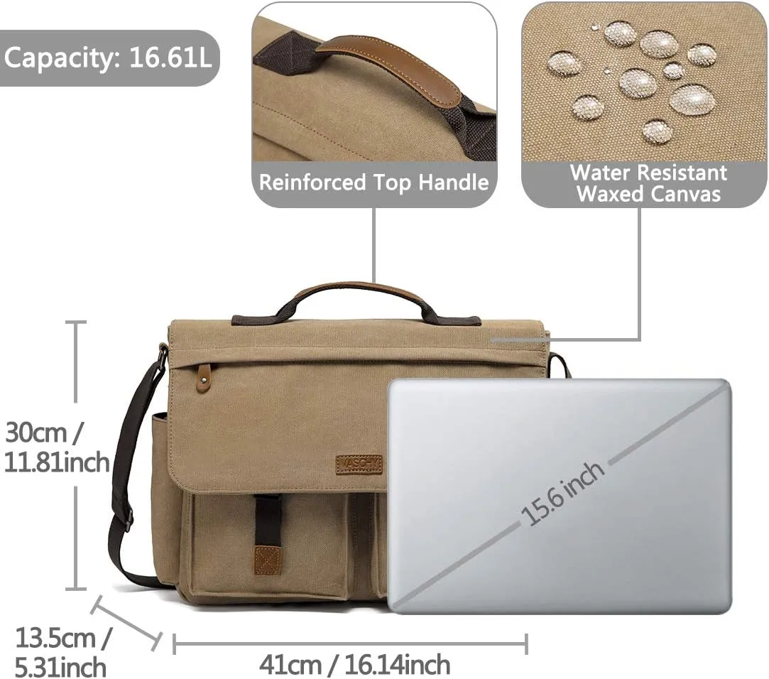 Messenger Bag for Men,VASCHY Vintage Water Resistant Canvas Satchel 14 15.6 17inch Laptop Briefcase