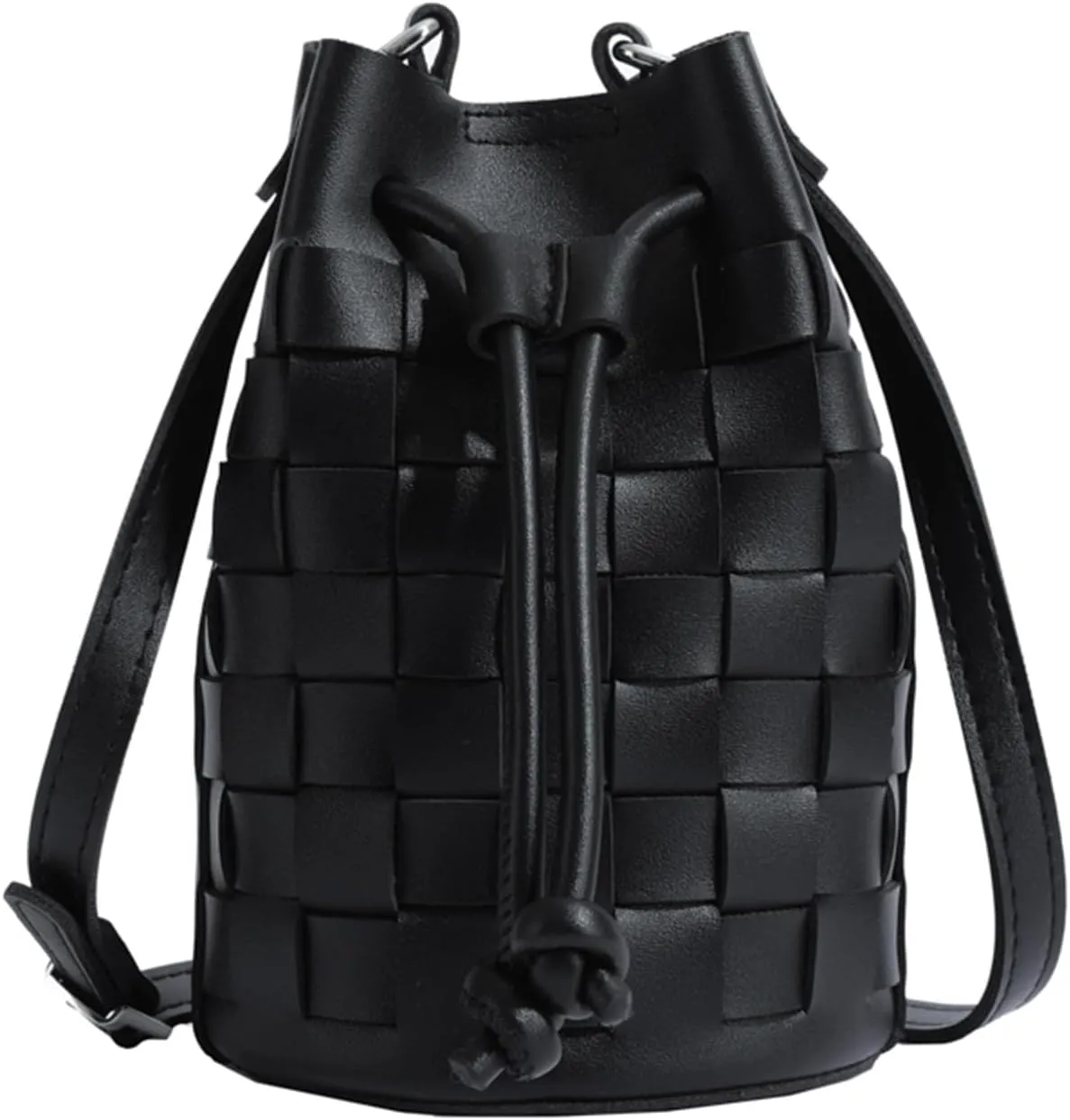 Mini Leather Woven Bucket Bag - Drawstring Purse Hobo Crossbody Handbag