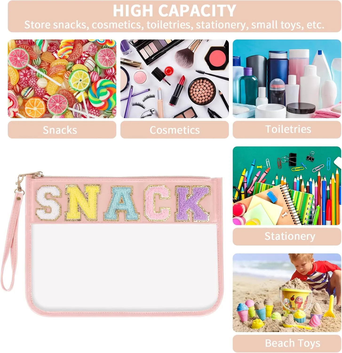 Monogram Glitter Chenille Letter Clear Bag, Portable Travel Essentials Zipper Clear Pouch with Wrist Strap