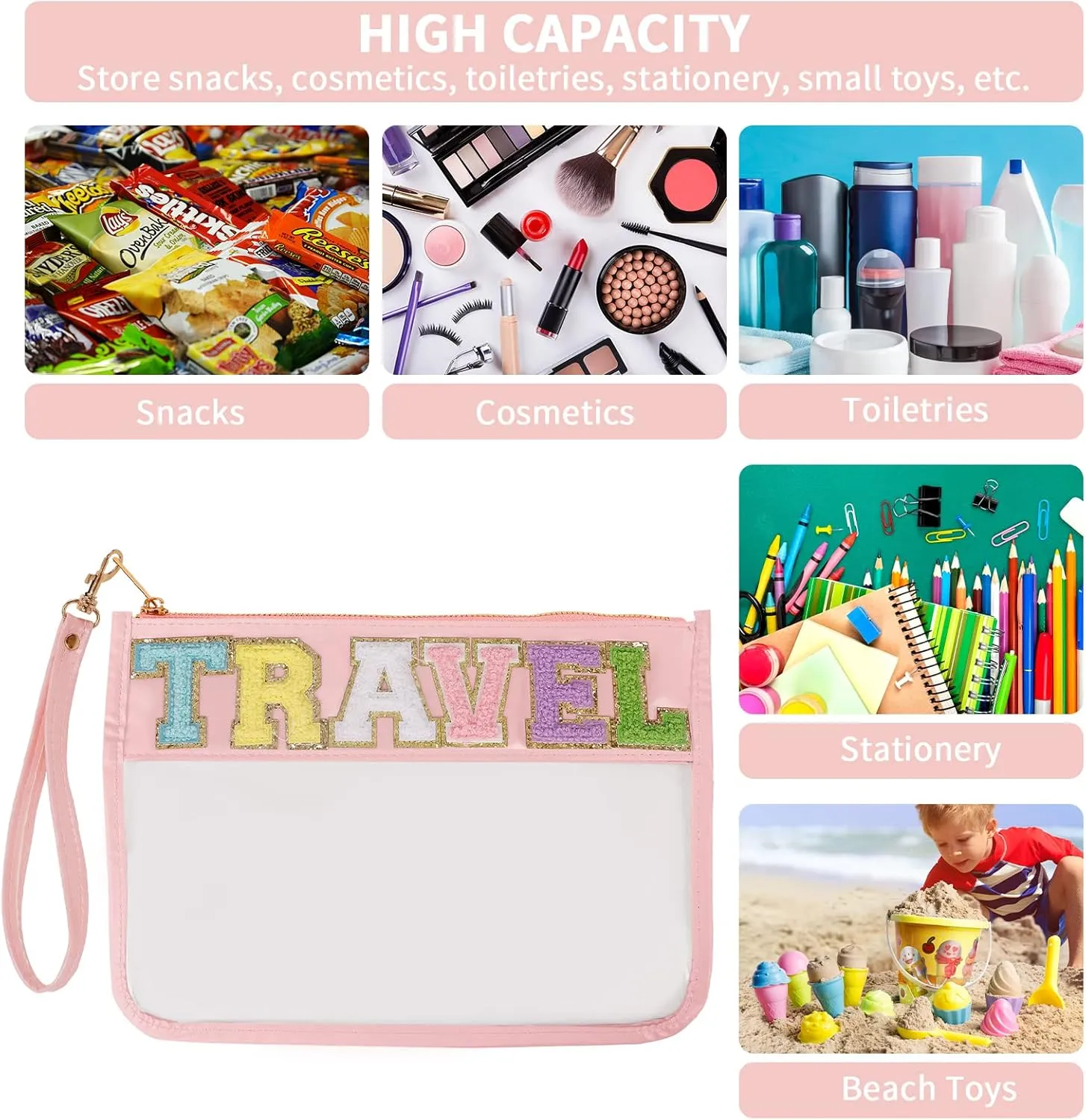 Monogram Glitter Chenille Letter Clear Bag, Portable Travel Essentials Zipper Clear Pouch with Wrist Strap
