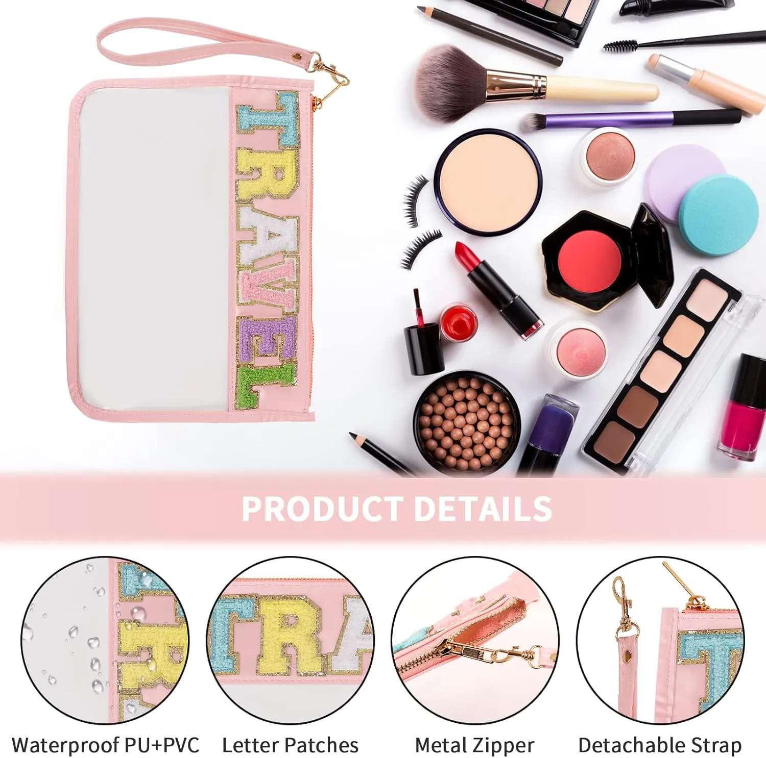Monogram Glitter Chenille Letter Clear Bag, Portable Travel Essentials Zipper Clear Pouch with Wrist Strap