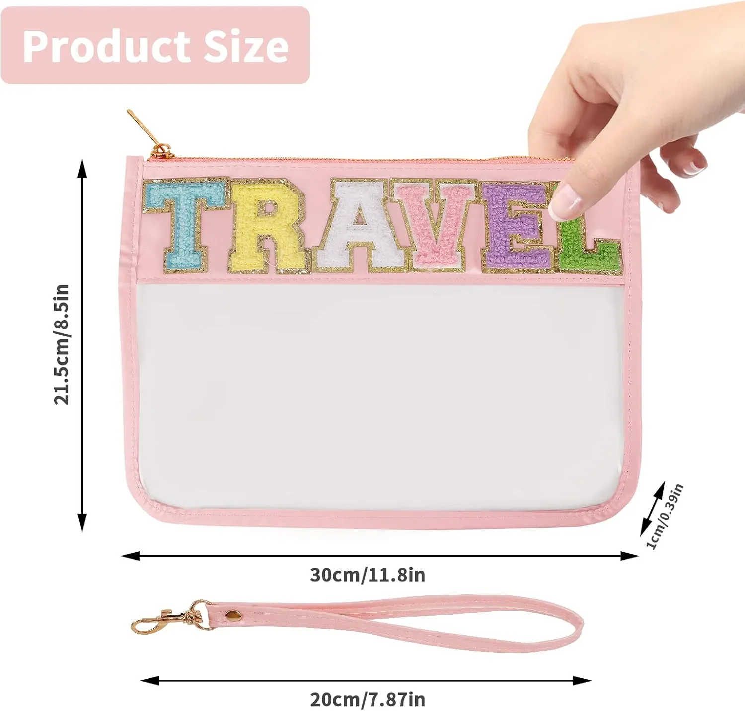 Monogram Glitter Chenille Letter Clear Bag, Portable Travel Essentials Zipper Clear Pouch with Wrist Strap