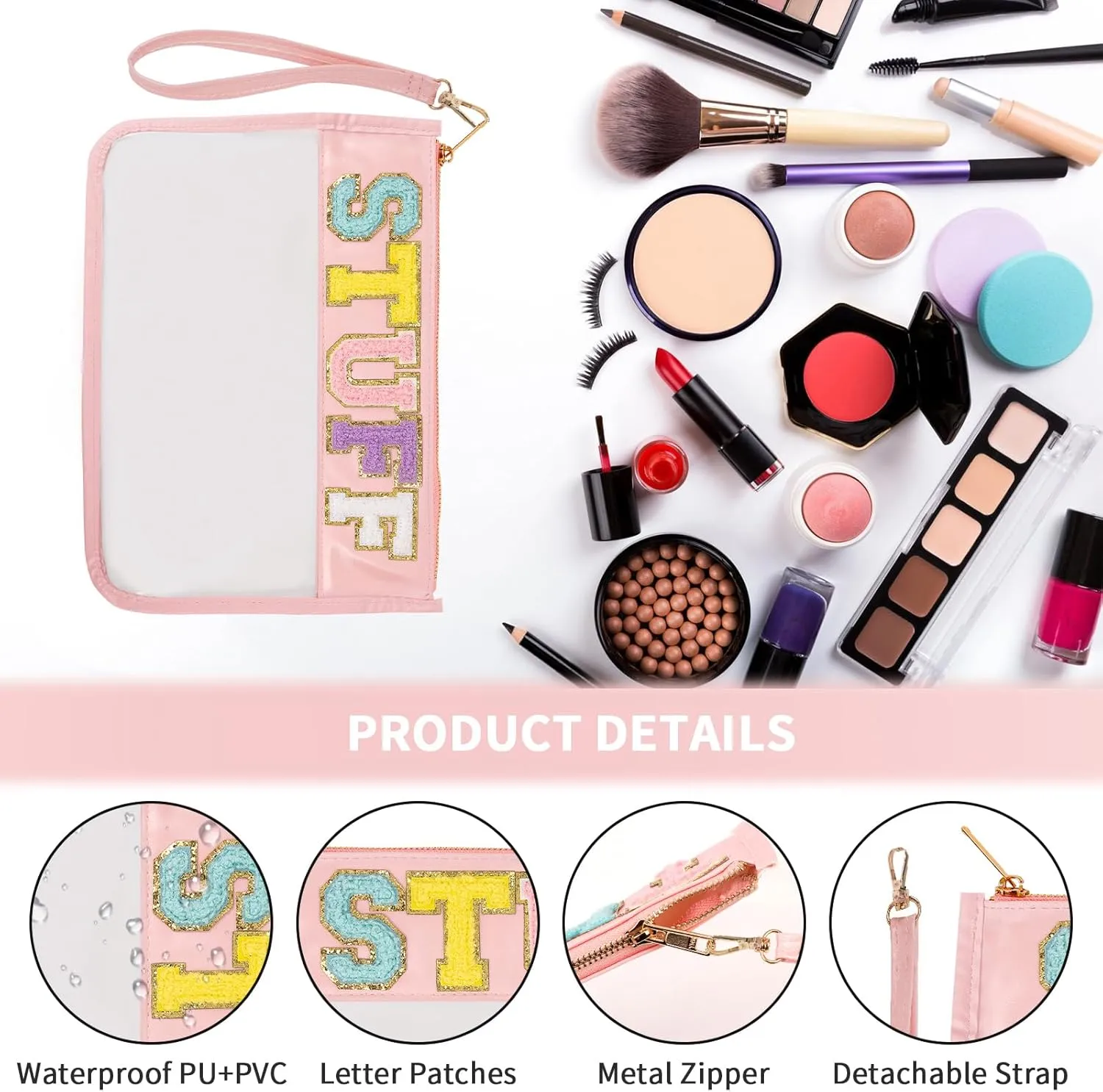 Monogram Glitter Chenille Letter Clear Bag, Portable Travel Essentials Zipper Clear Pouch with Wrist Strap