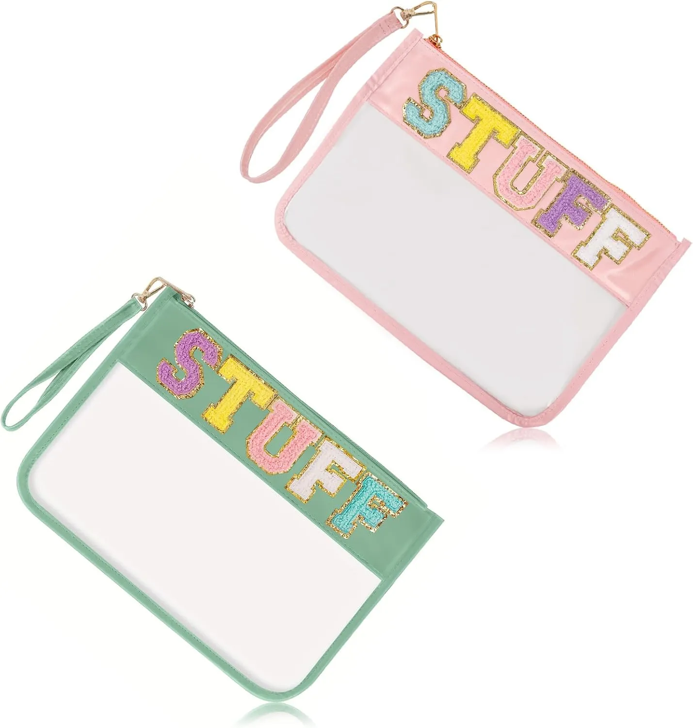 Monogram Glitter Chenille Letter Clear Bag, Portable Travel Essentials Zipper Clear Pouch with Wrist Strap