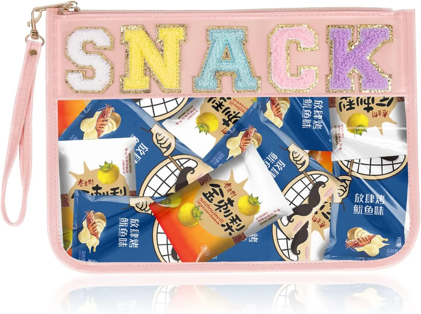 Monogram Glitter Chenille Letter Clear Bag, Portable Travel Essentials Zipper Clear Pouch with Wrist Strap