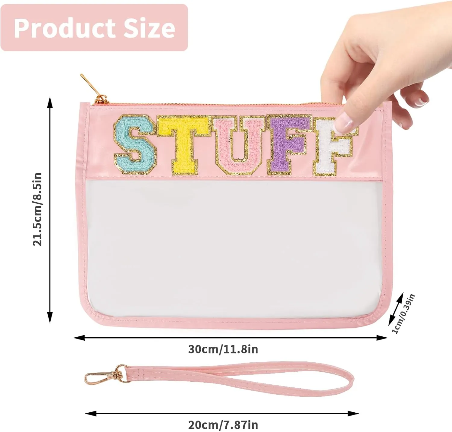 Monogram Glitter Chenille Letter Clear Bag, Portable Travel Essentials Zipper Clear Pouch with Wrist Strap
