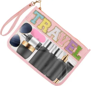Monogram Glitter Chenille Letter Clear Bag, Portable Travel Essentials Zipper Clear Pouch with Wrist Strap