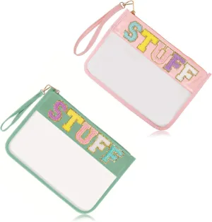 Monogram Glitter Chenille Letter Clear Bag, Portable Travel Essentials Zipper Clear Pouch with Wrist Strap