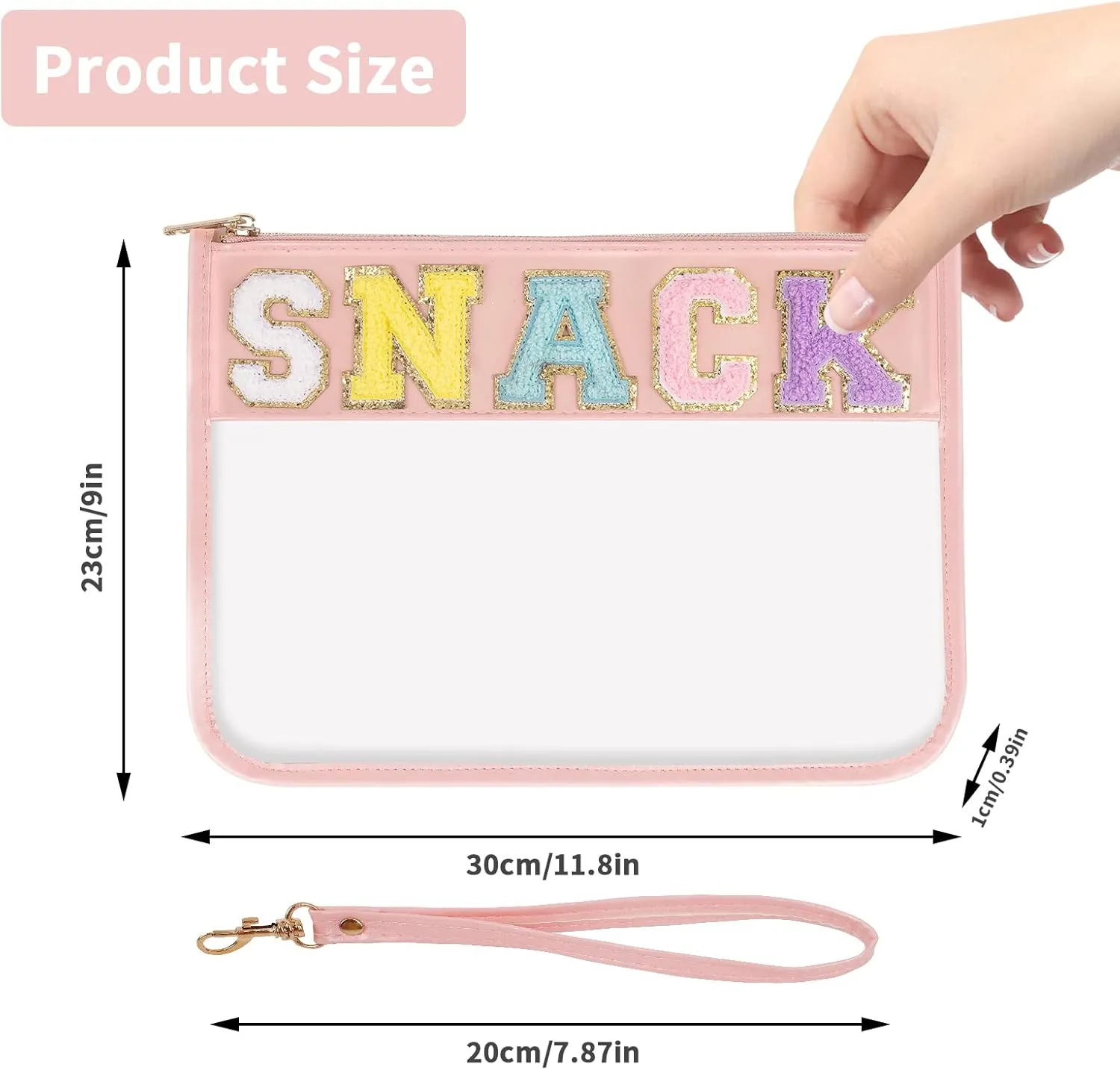 Monogram Glitter Chenille Letter Clear Bag, Portable Travel Essentials Zipper Clear Pouch with Wrist Strap