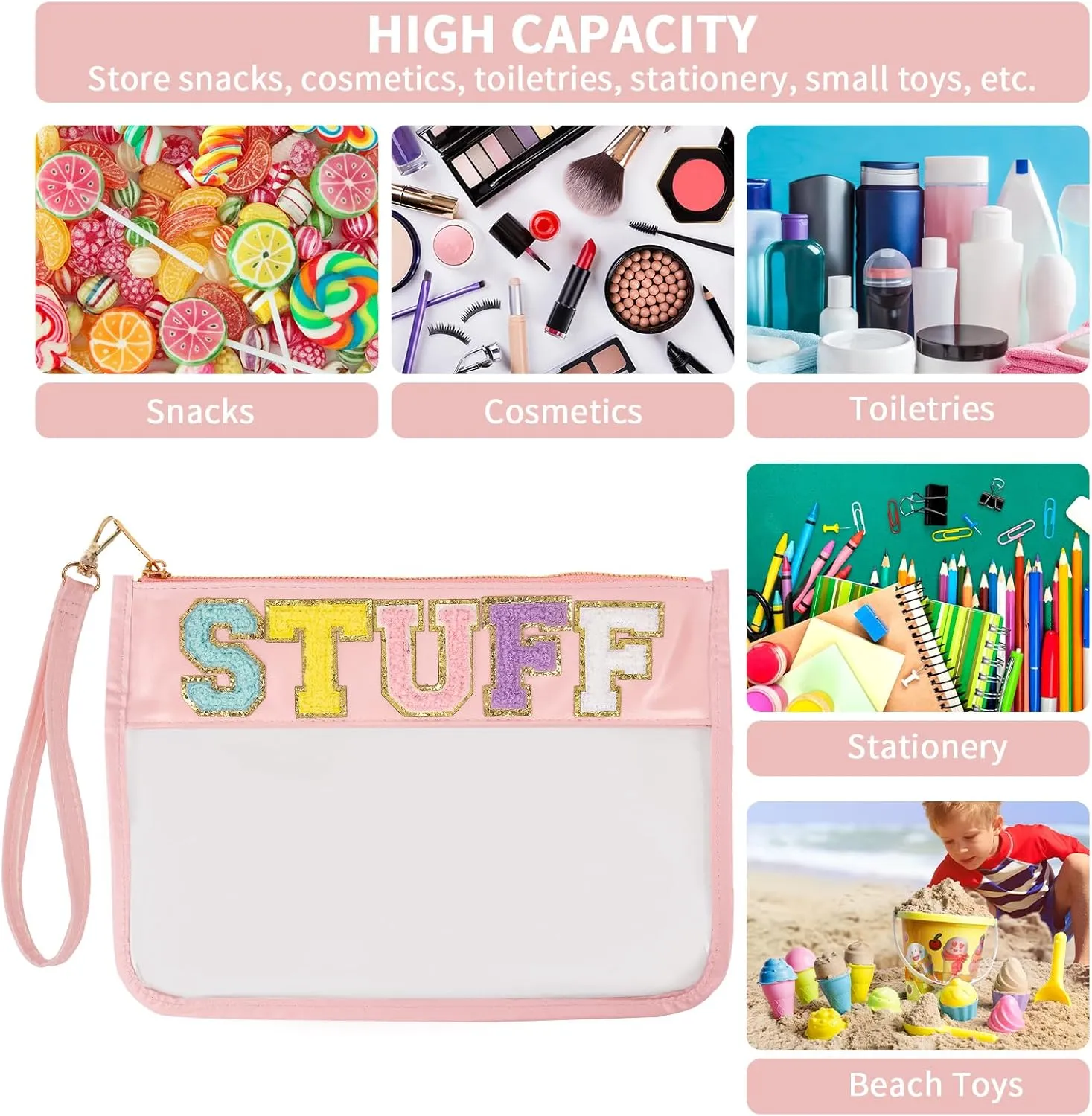 Monogram Glitter Chenille Letter Clear Bag, Portable Travel Essentials Zipper Clear Pouch with Wrist Strap
