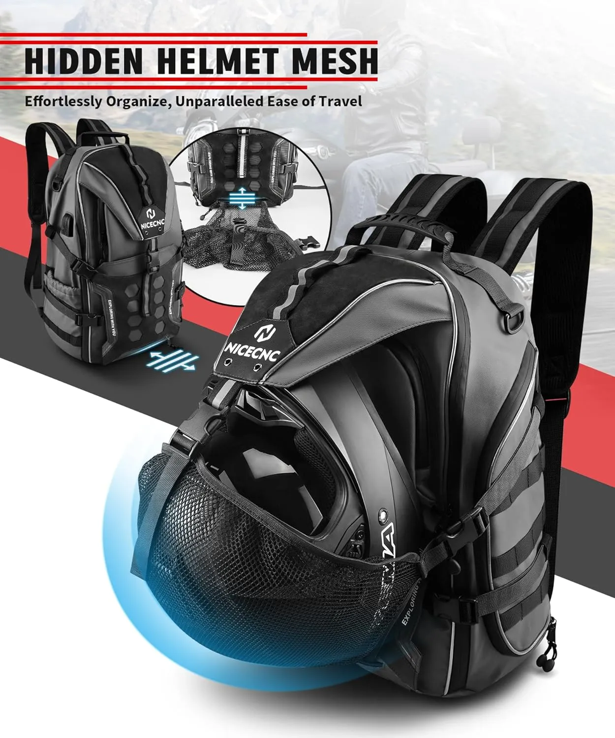 Motorcycle Helmet Bag Universal Motorcycle Helmet Backpack with 35L Large Capacity Motorcycle Riding Backpacks for Men Lugguge Storage Bag with Hidden Net, Grey