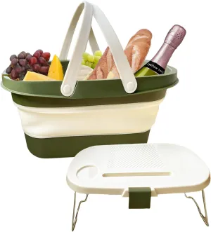 Outdoor Collapsible Bucket with Table Portable Folding Bucket with Carry Handle Camping Picnic Basket Collapsible Gardening Basket Ice Bucket Drink Bucket for Parties