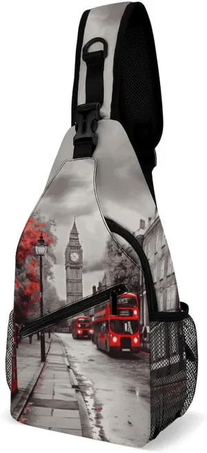 Red London Street Crossbody Sling Bag for Women Men Casual Sling Backpack Travel Chest Bag Lightweight Chest Pack Man Purse Shoulder Bags Side Backpack Daypack for Travel Hiking Cycling