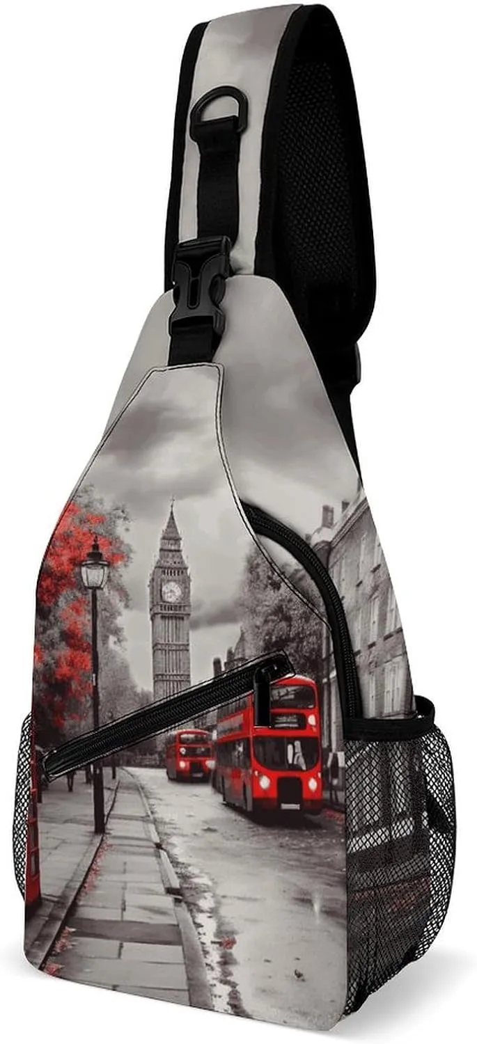 Red London Street Crossbody Sling Bag for Women Men Casual Sling Backpack Travel Chest Bag Lightweight Chest Pack Man Purse Shoulder Bags Side Backpack Daypack for Travel Hiking Cycling