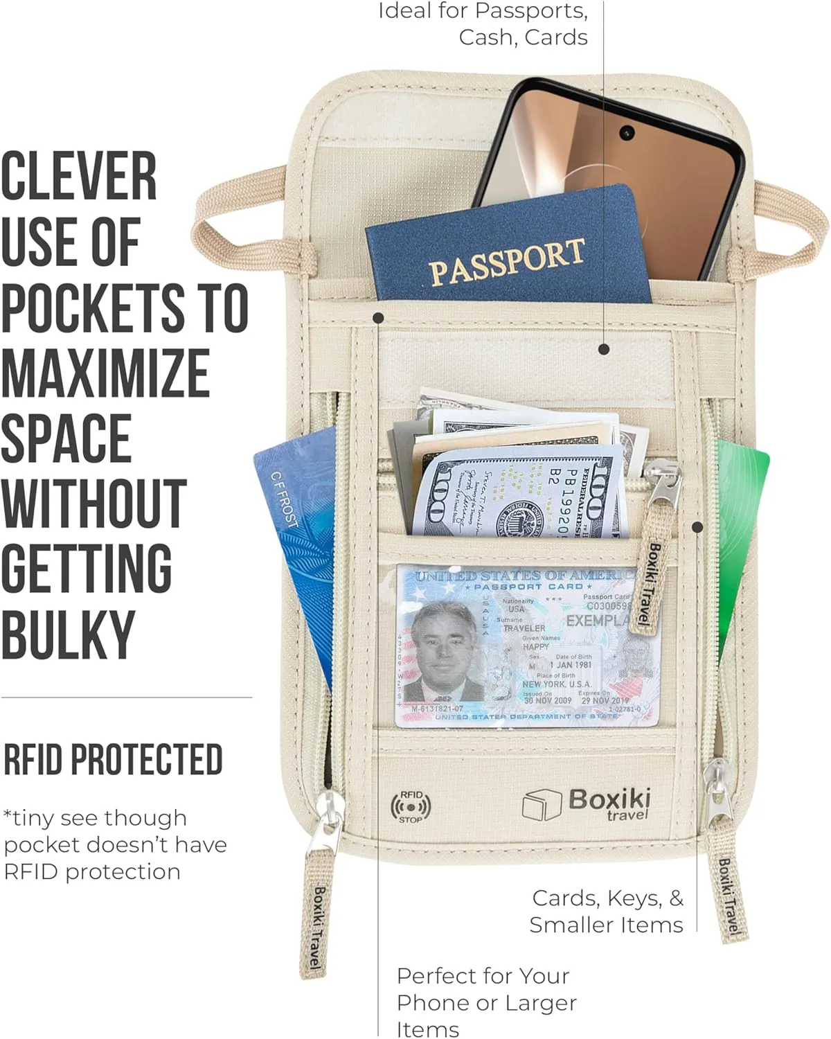 RFID Travel Neck Wallet - Beige | Sleek, Secure Passport Holder and Money Pouch with Adjustable Neck Strap for Men and Women to Keep Cash, Credit Cards & Travel Documents Safe