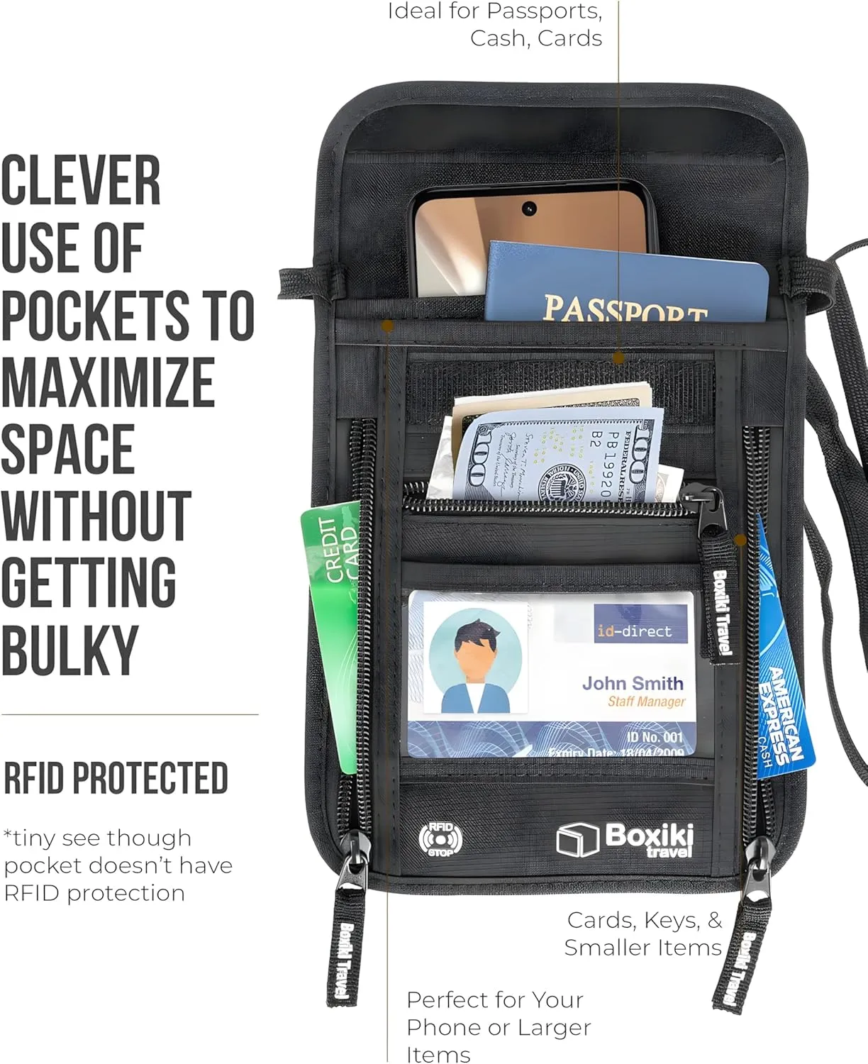 RFID Travel Neck Wallet - Black | Sleek, Secure Passport Holder and Money Pouch with Adjustable Neck Strap for Men and Women to Keep Cash, Credit Cards and Travel Documents Safe.