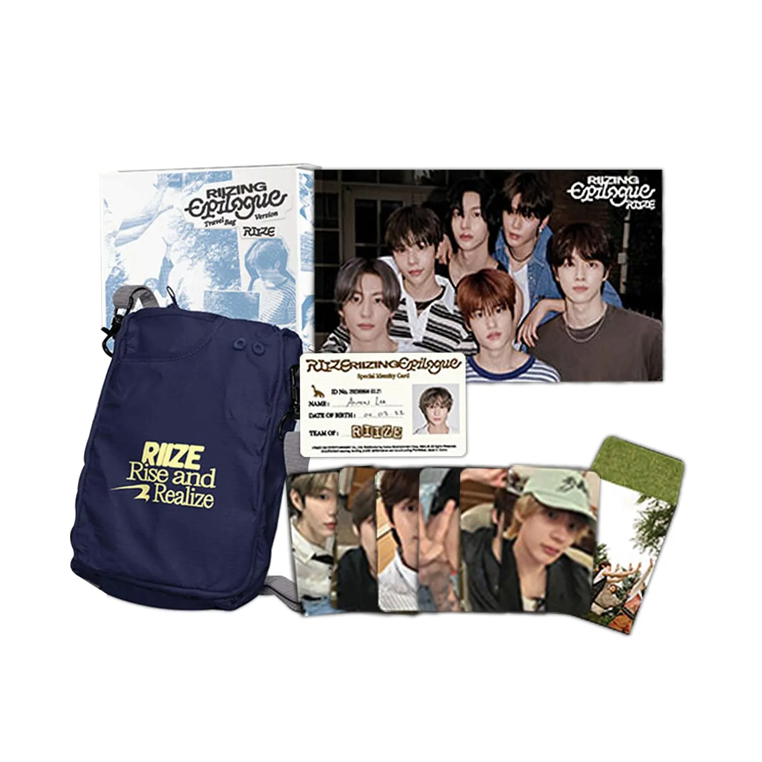 RIIZE - 1st Mini Album RIIZING : Epilogue Travel Bag Ver. - BRIIZE NAVY Ver. Package Box   Travel Bag   Mini Photobook   Music NFC Card   Photocard   3 Extra Photocards