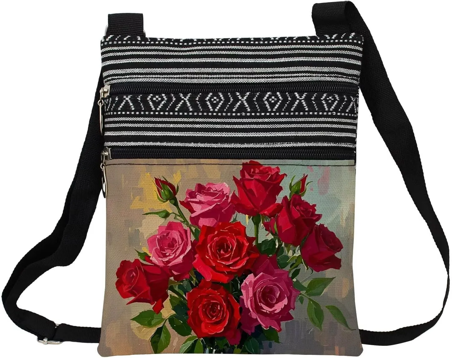 Rose Floral Messenger Bag Small Ethnic Pattern Printed Adjustable Strap Crossbody Zipper Pouch Oil Painting Of Flowers Phone Organizer Wallet Cute Shoulder Handbag For Women Friends