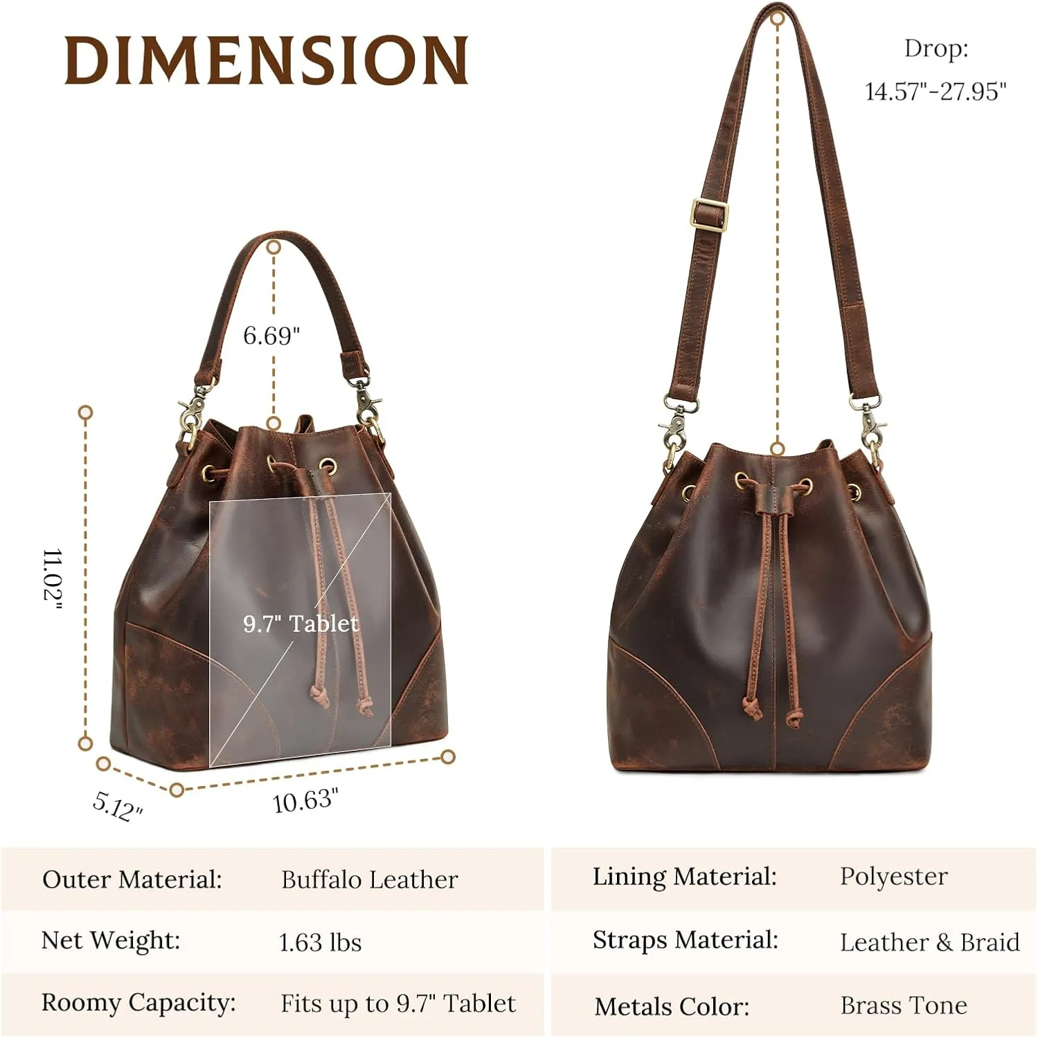 S-ZONE Genuine Leather Bucket Bags for Women Drawstring Crossbody Purses Shoulder Top Handle Handbags with 2 Straps