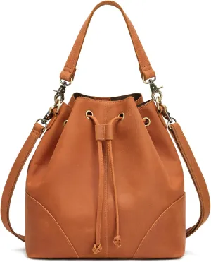 S-ZONE Genuine Leather Bucket Bags for Women Drawstring Crossbody Purses Shoulder Top Handle Handbags with 2 Straps