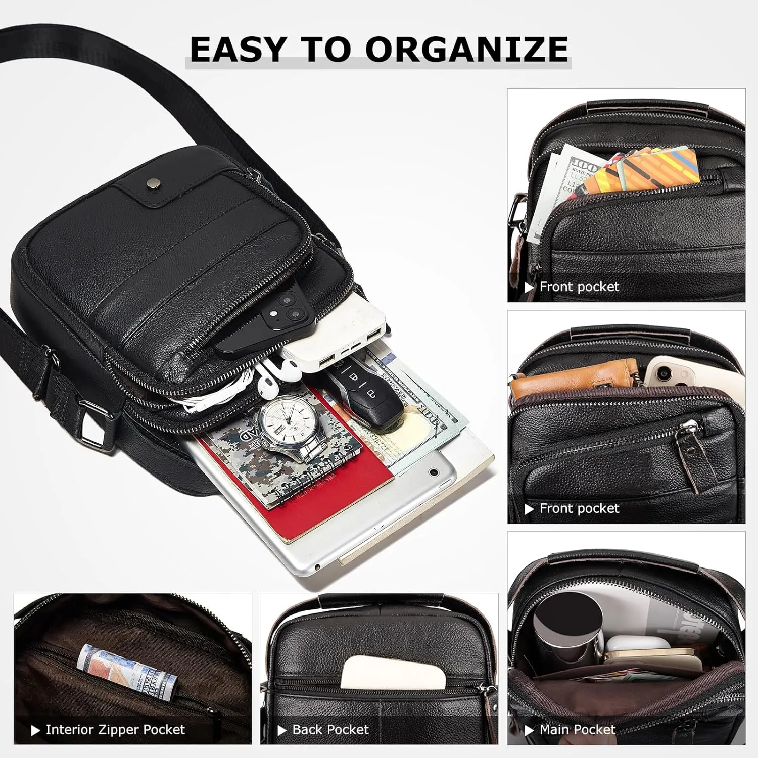 Small Messenger Bag for Men, Vintage Crossbody Bag Sling Shoulder Purse Genuine Leather Satchel Pouch Man Handbag
