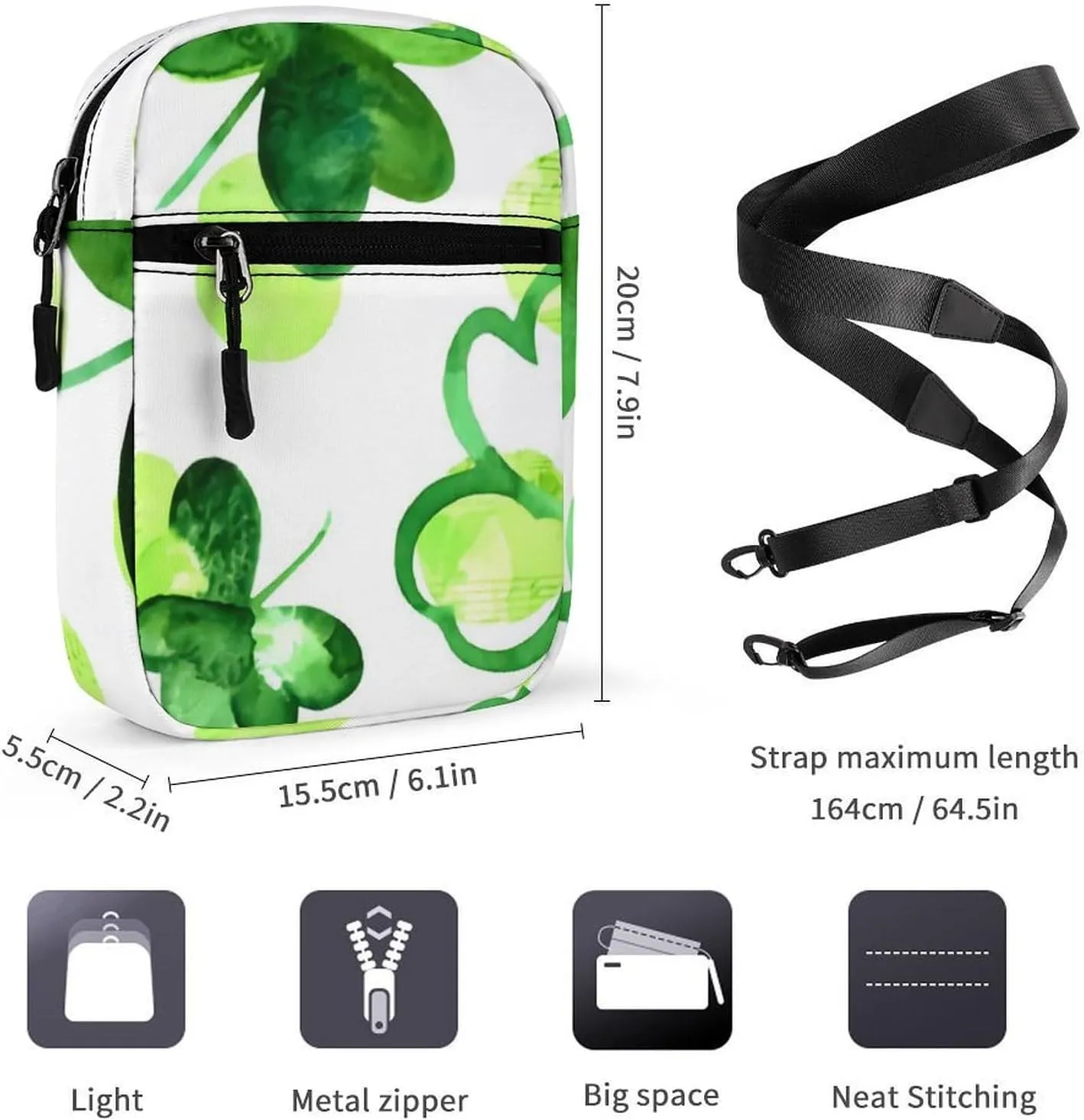 St Patrick Clover Green Crossbody Bag Small Shoulder Bag Waterproof, Lightweight And Convenient