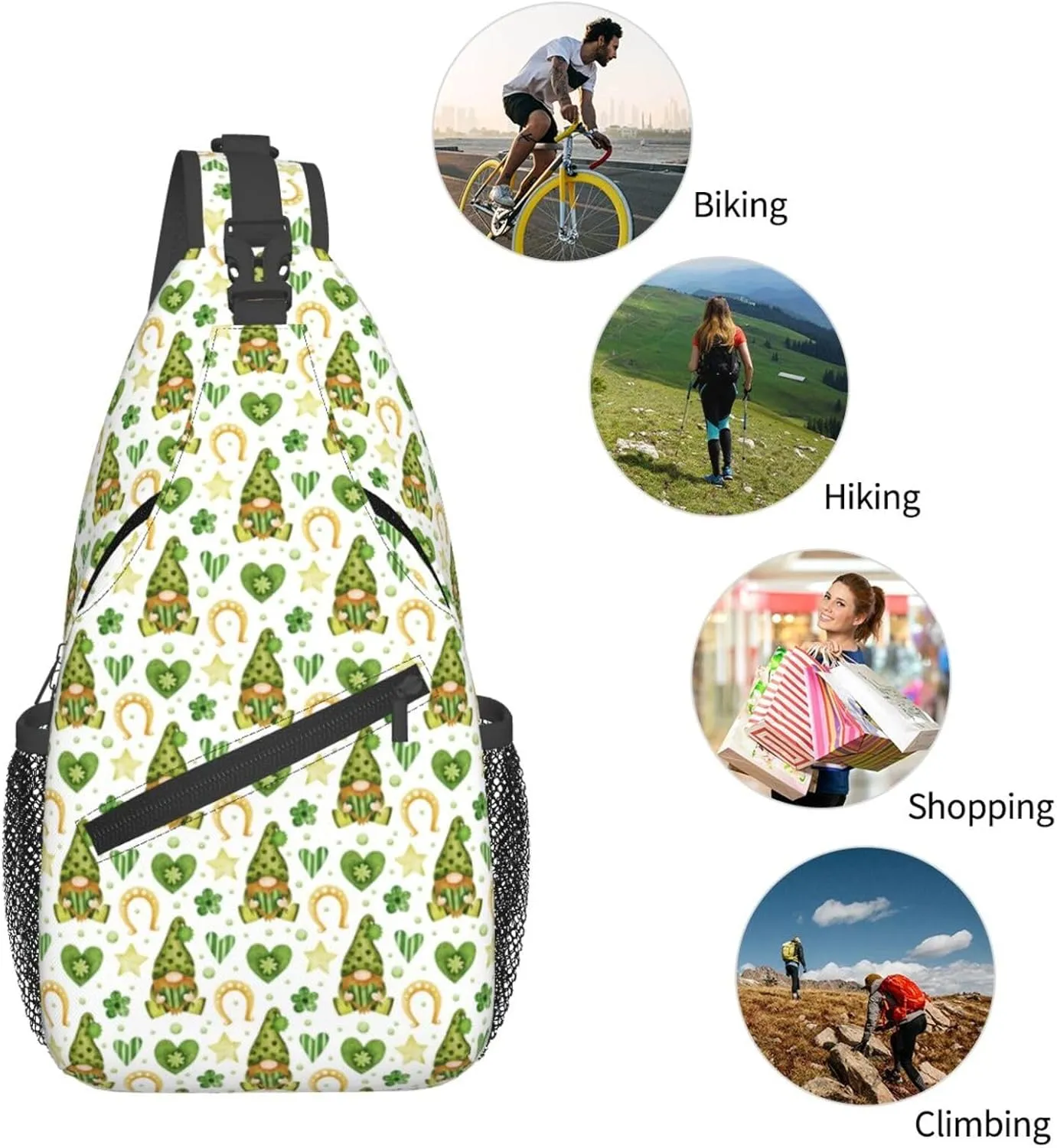 St Patrick'S Day Gnome Crossbody Sling Bag For Women Men Adjustable Chest Bag Irish Green Clover Shoulder Bag Sling Backpack Daypack For Sport Travel Hiking