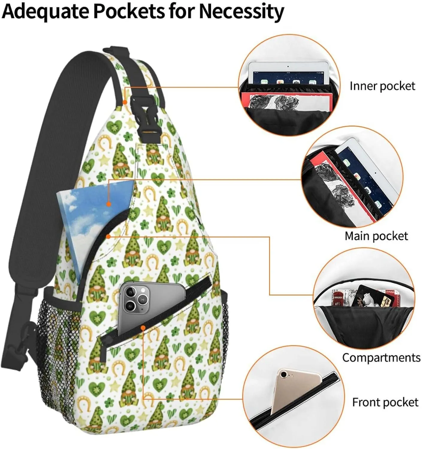 St Patrick'S Day Gnome Crossbody Sling Bag For Women Men Adjustable Chest Bag Irish Green Clover Shoulder Bag Sling Backpack Daypack For Sport Travel Hiking