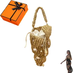 Straw Shell Clutch Bag for Women, Bohemian Handmade Beach Purse with Natural Shells & Pearls, Small Summer Vacation Bag