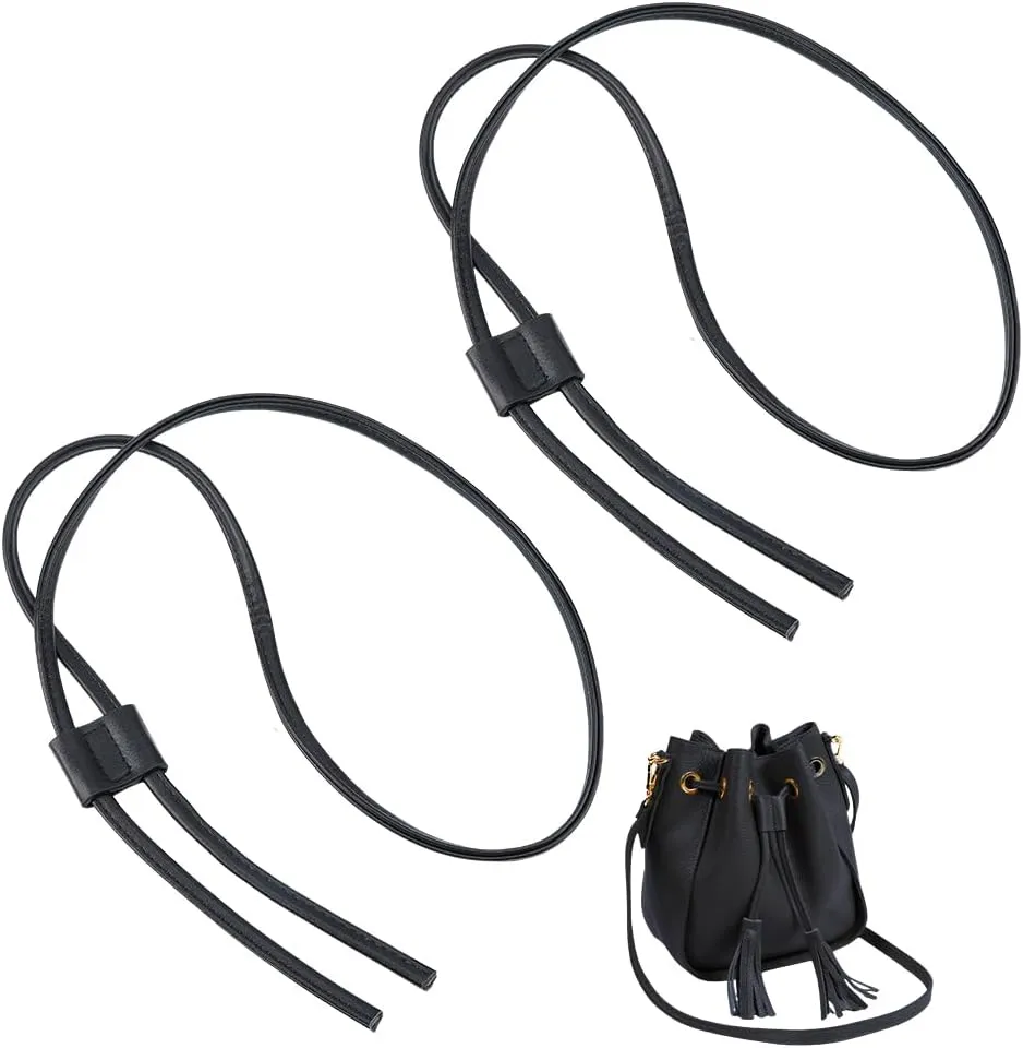 SUPERFINDINGS 2Pcs PU Leather Bag Drawstring Strap 48.8inch Black Detachable Bucket Bag Strap Replacement DIY Crochet Bag Bunches Pocket Drawstring for Crochet Bucket Tote Bag Purse Making