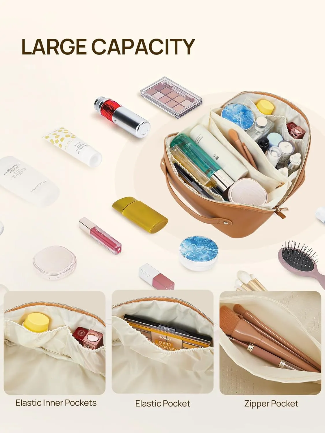 Telena Makeup Bag Large Capacity Travel Cosmetic Bag Portable PU Leather Water Resistant Makeup Organizer Bags for Women with Handle and Divider Open Flat (1-Brown)