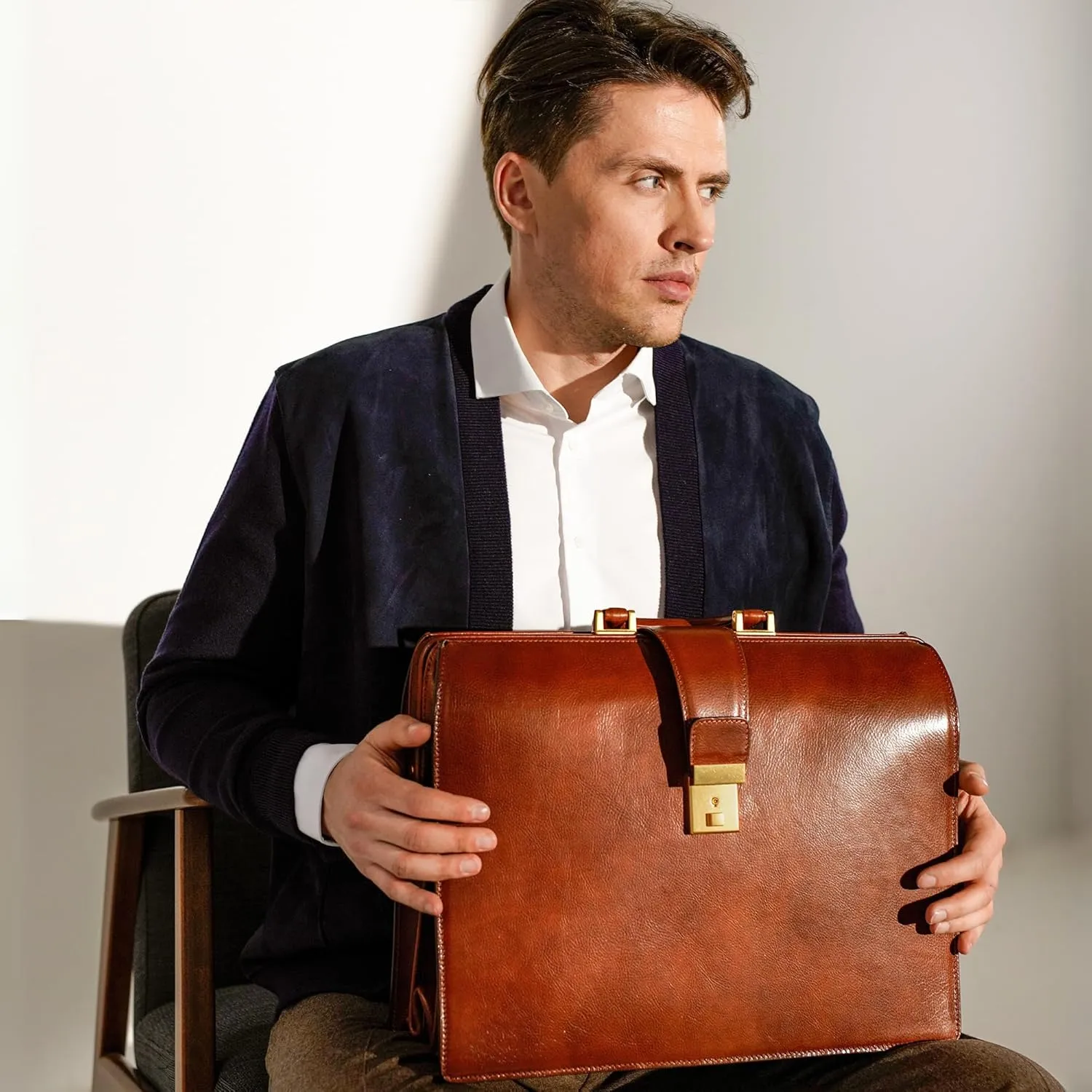Time Resistance Leather Lawyer Briefcase - Italian Handmade Laptop Briefcase for Men and Women - Attache Case - Doctor Bag