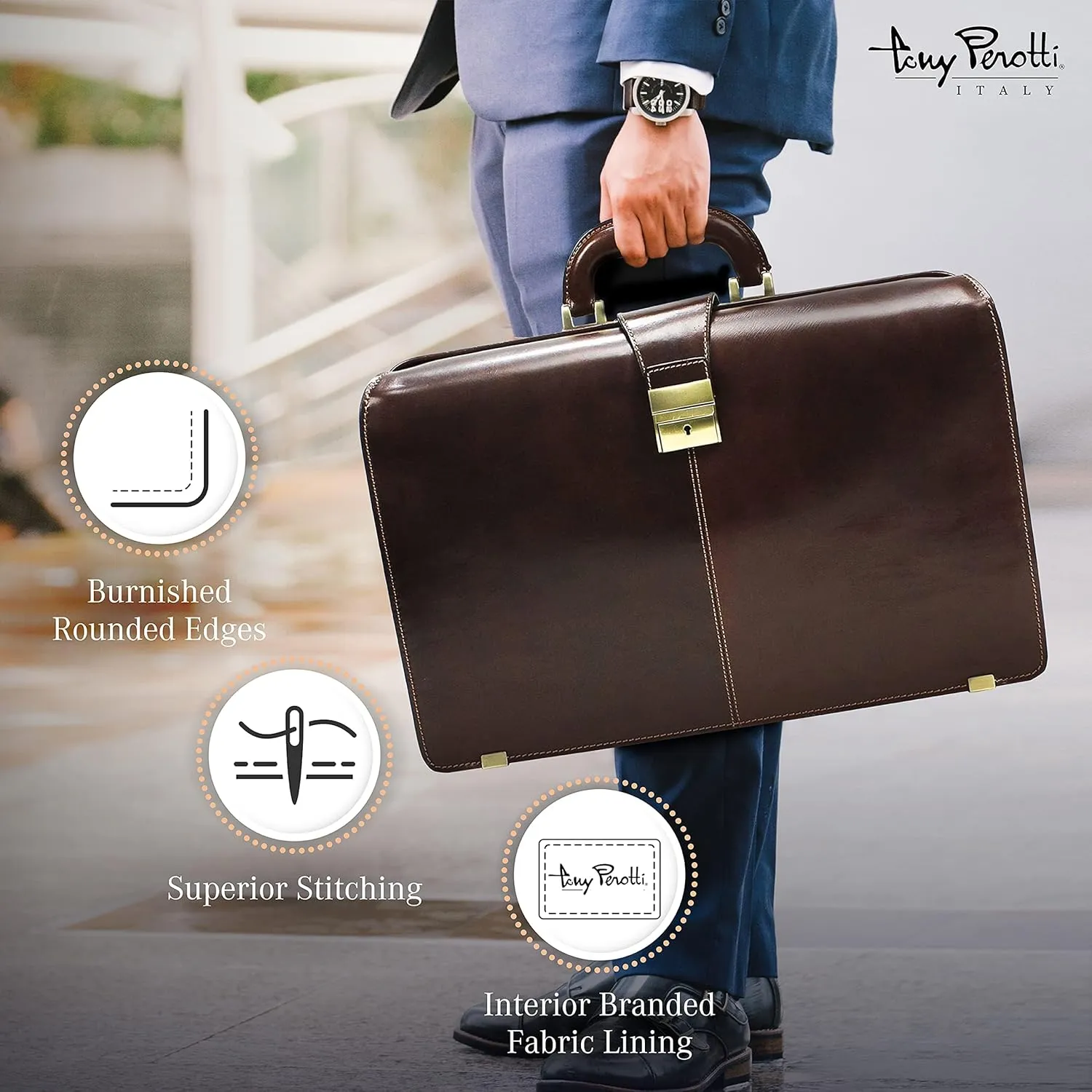 Tony Perotti Benevento Italian Leather Professional Briefcase for Men - Double-Compartment Lawyer's Hardcover Briefcases
